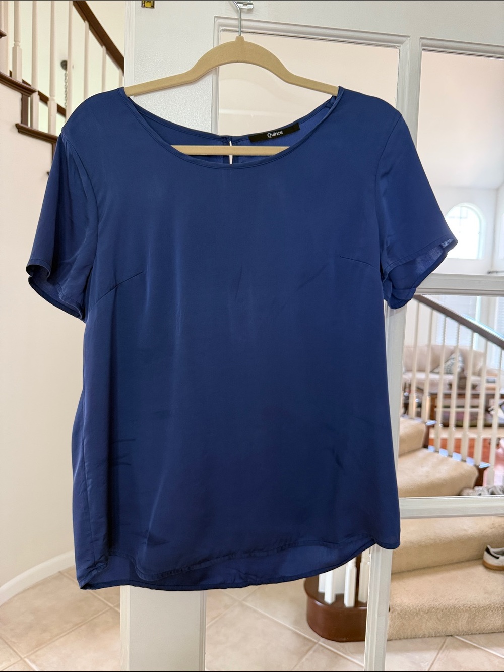 Quince Size Large Women's Short-Sleeve Navy Silk Stretch Blouse